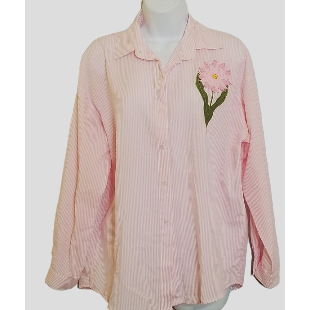 CC Sportswear Vtg Womens Button Up Top M/L Pink Candy Stripe Applique Cottage